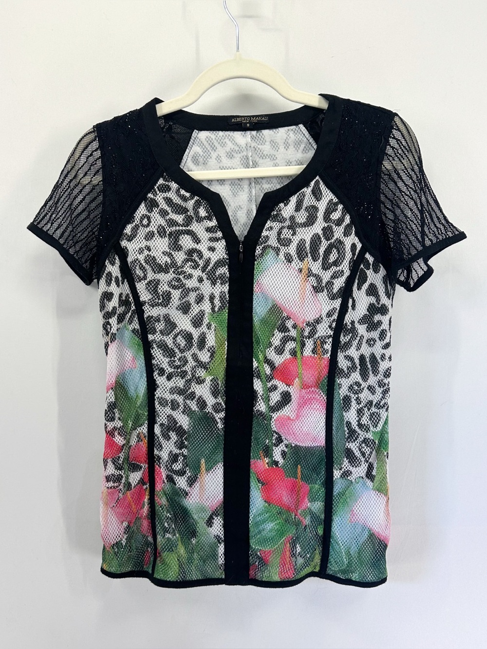 Vintage Alberto Makali Black Mesh Leopard Red Anthurium Print Lace Blouse Small